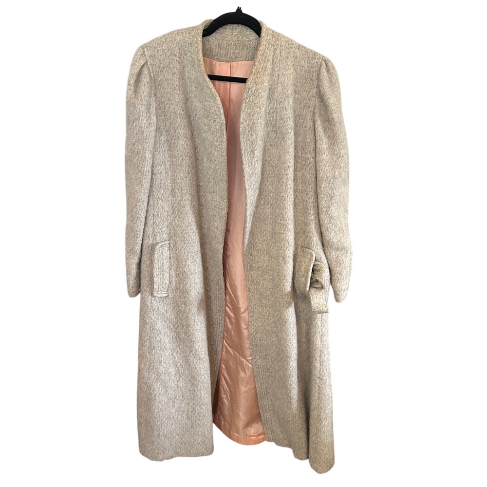 Ethel Pead Vintage Wool Coat Longline Duster Pockets Puff Sleeve Gray Beige